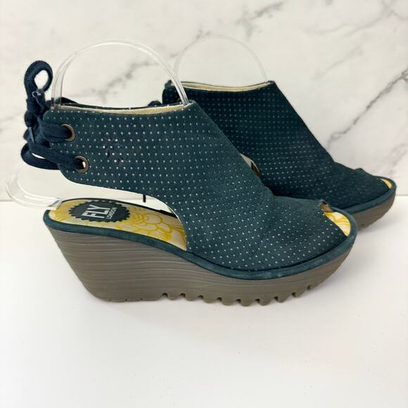 Fly London Womens Perforated Peep Toe Wedge Size 36 / 5.5-6 Suede Leather Blue - Picture 2 of 10